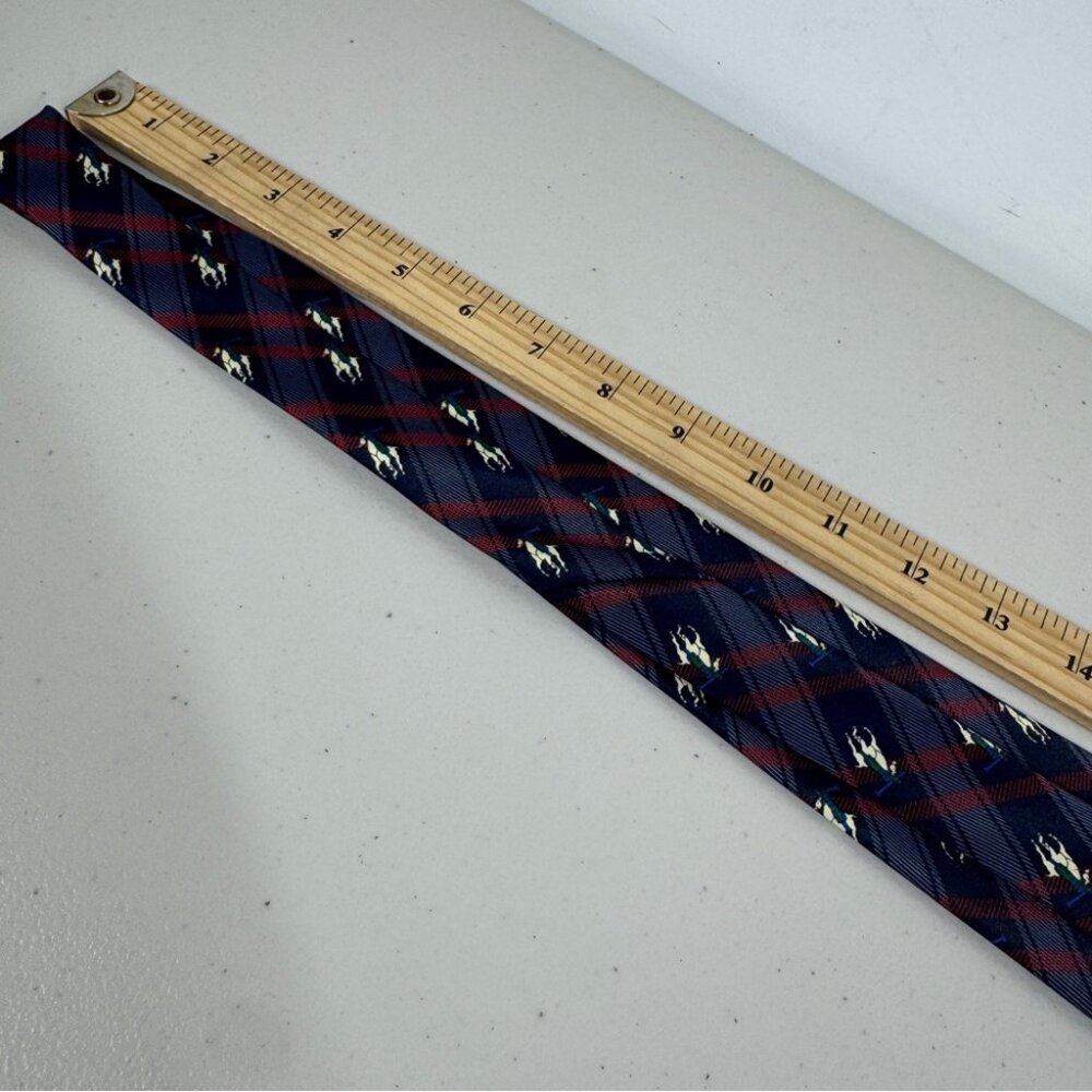René Chagal Silk Polo Horse Tie Navy Plaid Equestrian Designer Necktie - Picture 11 of 12